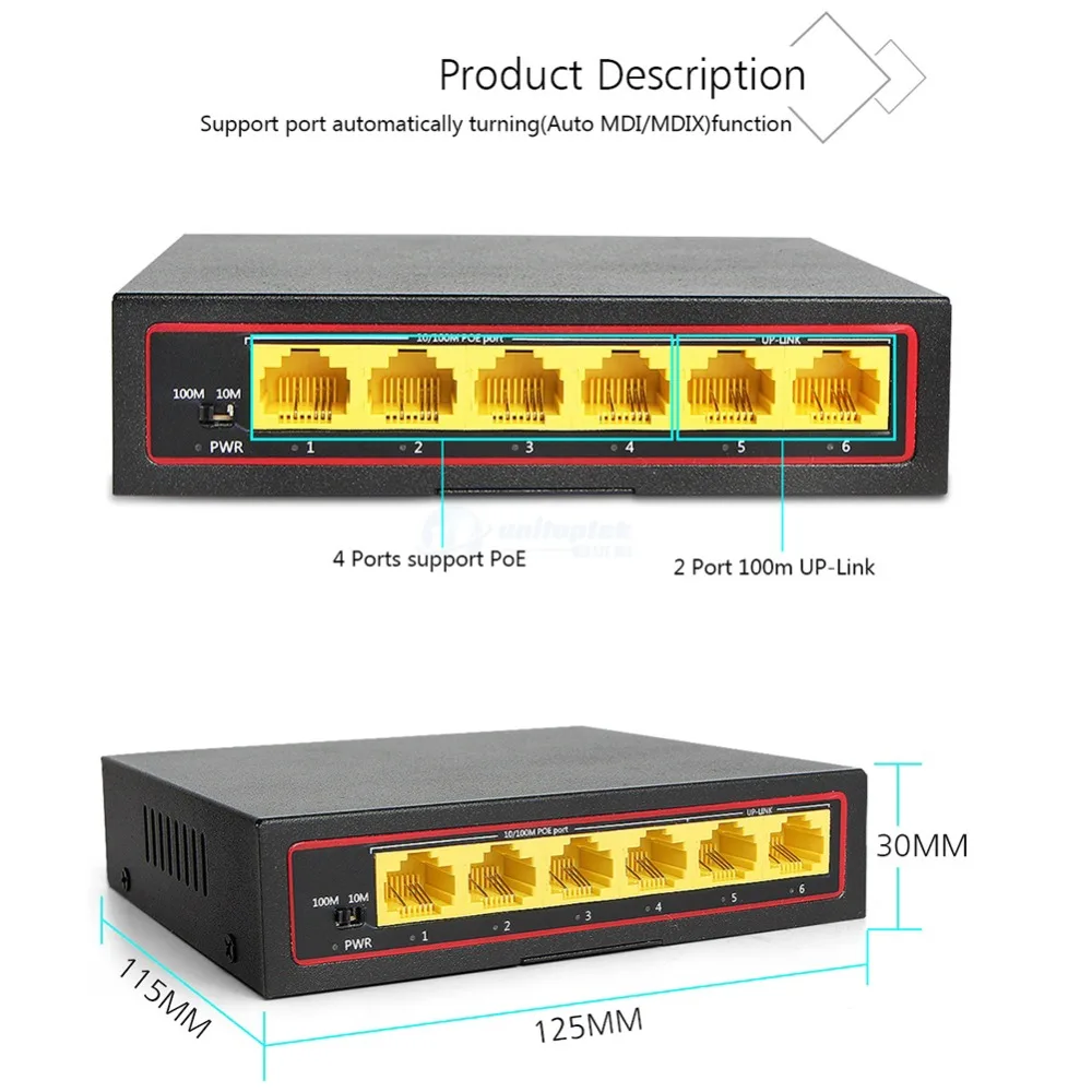 6 портовый сетевой 10/100 Мбит/с 2 канальный коммутатор POE 4 порта s 100 + 2ch м uplink Power Over