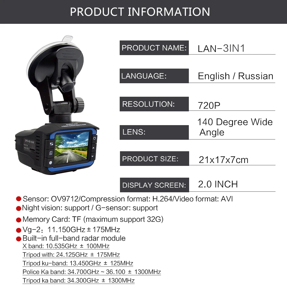 Автомобильный видеорегистратор OkeyTech Best 3 в 1 антирадар детектор GPS 720 P 140 градусов