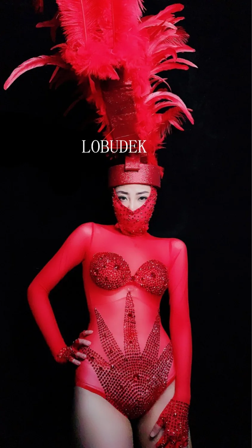 Bling Red Rhinestones Mesh Bodysuit Sexy Perspective Jumpsuit Nightclub Women DJ Singer DS Costume See-Through Crystals Bodysuit
