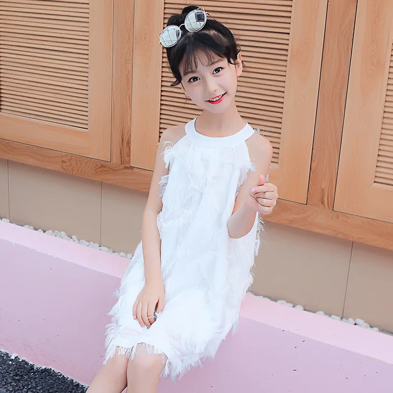 VYU Girls Dresses 4~14 Yrs Children Clothing Summer 2020 Cotton O-Neck Strap Princess Dress Feather Tassel Sweet Vestido | Детская