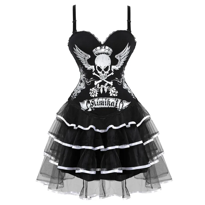 Хит продаж Корсеты с принтом черепа для женщин шнуровка корсет платье Showgirl