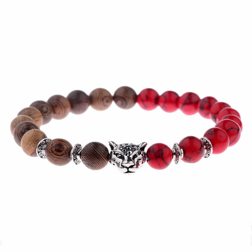 Мужской браслет из деревянных бусин Amader красный с леопардовыми бусинами для