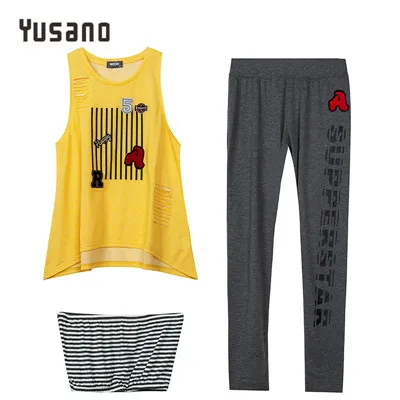 Yellow Yusano, Женский пижамный комплект из 3 предметов, одежда для сна, топ без рукавов, бюстгальтер, лог, штаны, с буквенным принтом, ночное белье, набор для сна, открытая домашняя одежда - Цвет: Yellow