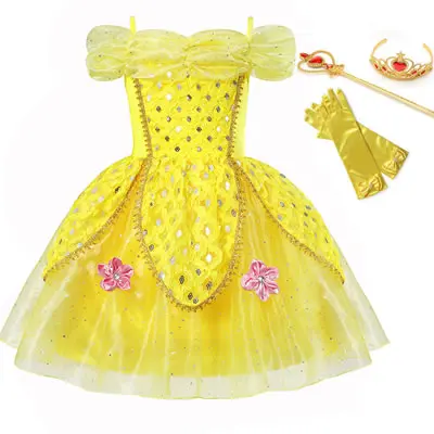 Belle Dress Sets 01 Арабское платье принцессы с жасминовым принтом для девочек; летнее короткое платье Спящей красавицы Авроры; голубое платье Золушки; костюм Аладдина - Цвет: Belle Dress Sets 01