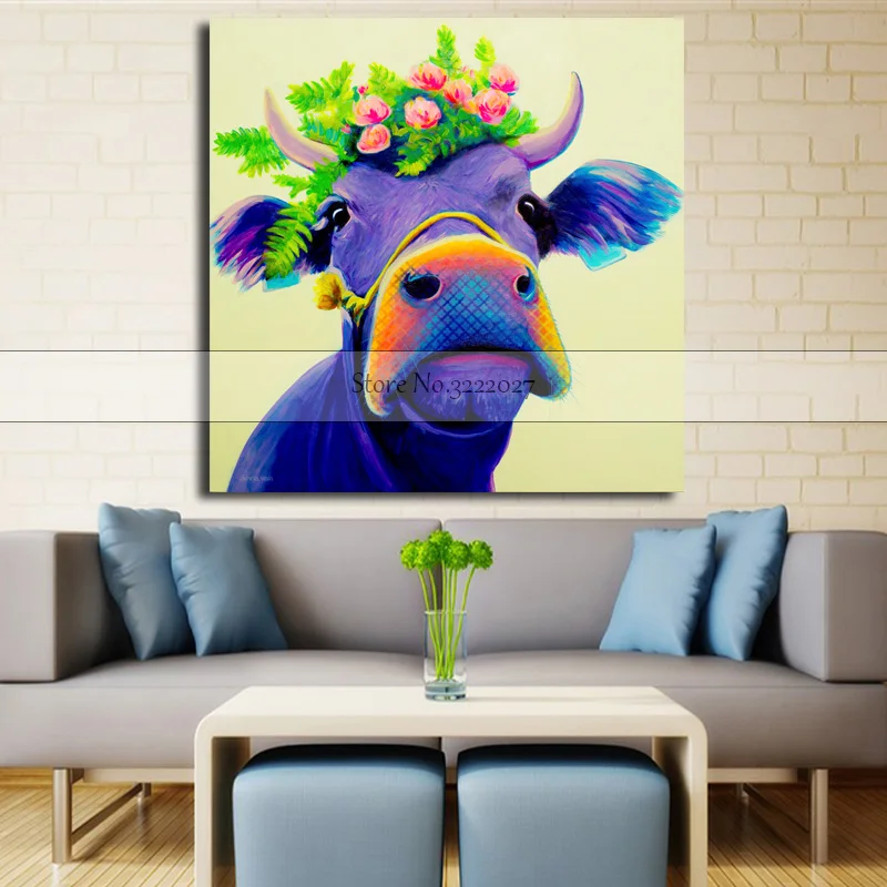Холст PaintingHome Декор стены Искусство синяя корова животное картина маслом квардро