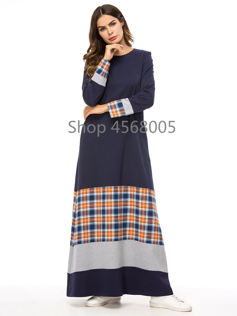 Женское Дубайский Мусульманский платье abaya темно синий плед футболка длинные