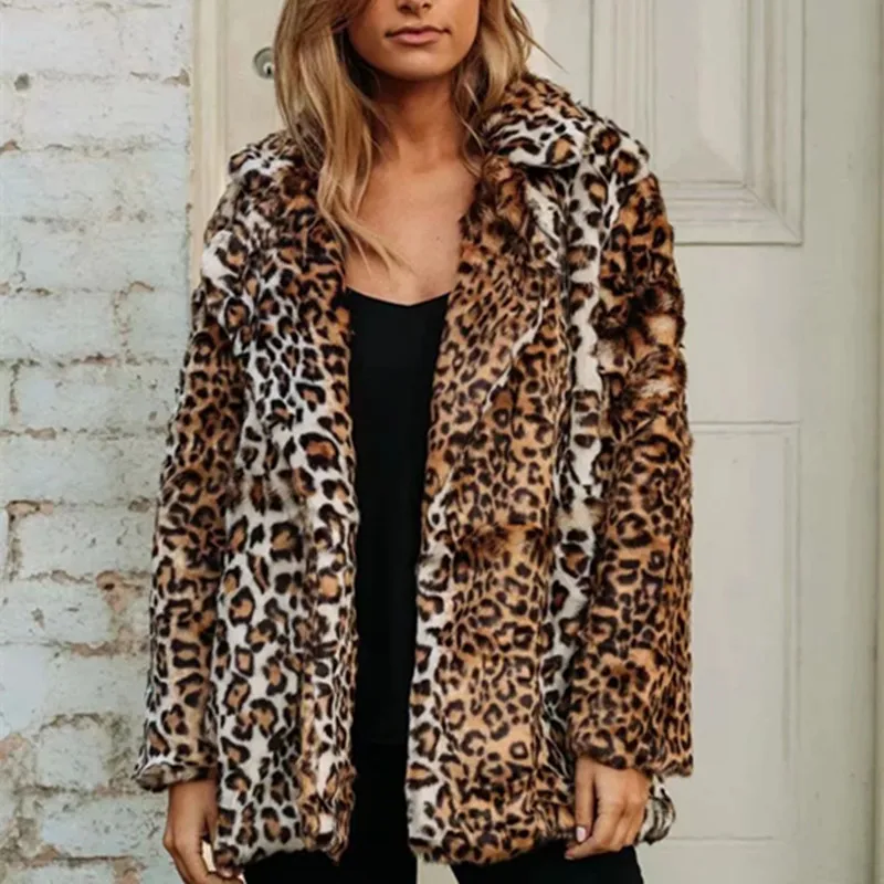 Женское пальто из искусственного меха с леопардовым принтом зимние толстые