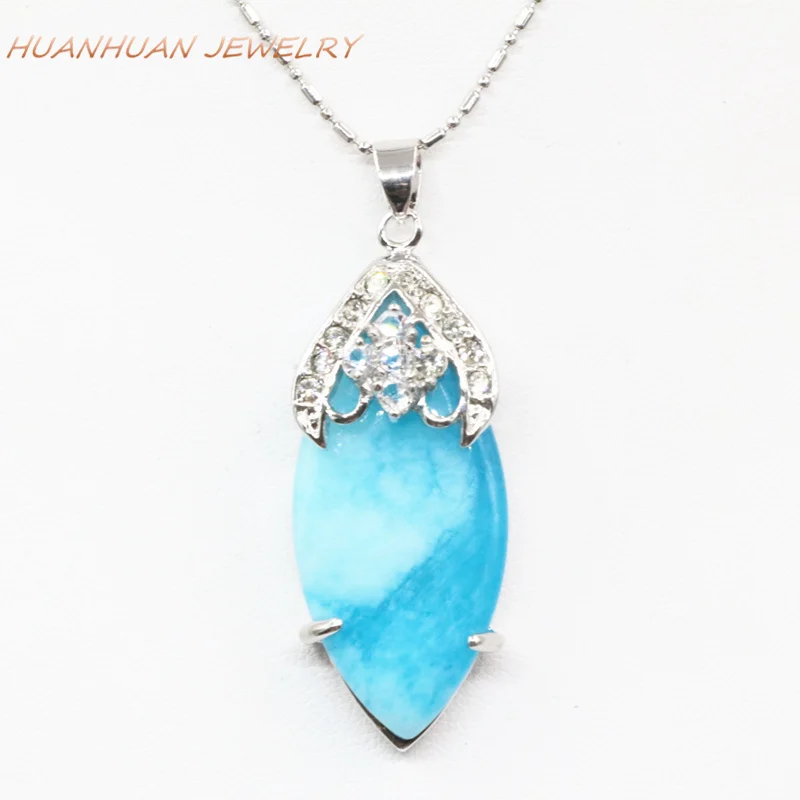 

Blue Stone Pendant Stainless Steel Chain Necklaces & Pendants For Women Fashion Natural Jades 18x45mm Zircon Inlay Jewelry B3321