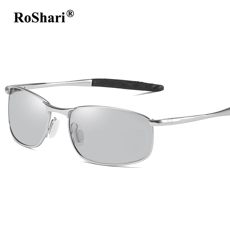 RoShari HD мужские фотохромные поляризованные солнцезащитные очки Хамелеон солнцезащитные очки для мужчин день ночь вождения антибликовые очки gafas de sol - Цвет линз: Silver