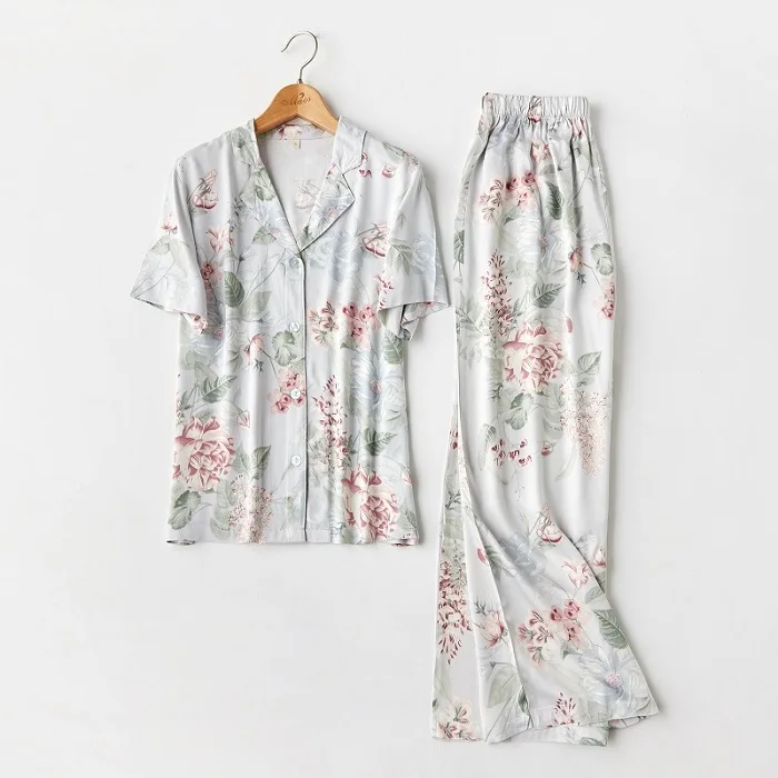 Blue Floral Летняя модная женская пижама из вискозы с цветочным принтом, пижамный комплект с коротким рукавом и длинными штанами, повседневные пижамные костюмы, Хлопковая пижама с клубничкой - Цвет: Blue Floral