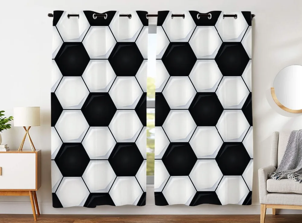 HommomH Curtains(2 Panel) Grommet Top Darkening Blackout Room Football Black And White Hexagon