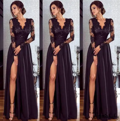 Женское вечернее платье длинное кружевное с длинным рукавом и глубоким v