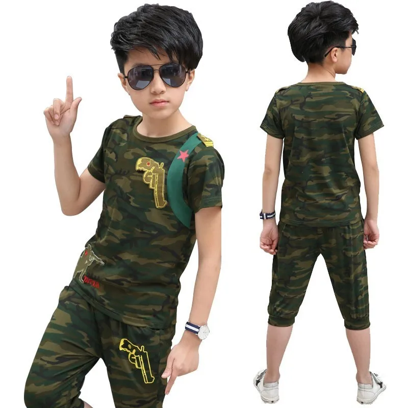 Camouflage Pistol Kid Clothes Cotton Short Sleeve T Shirt Calf-pants Summer Children Outfits Boys Girls Sets Clothing | Детская одежда