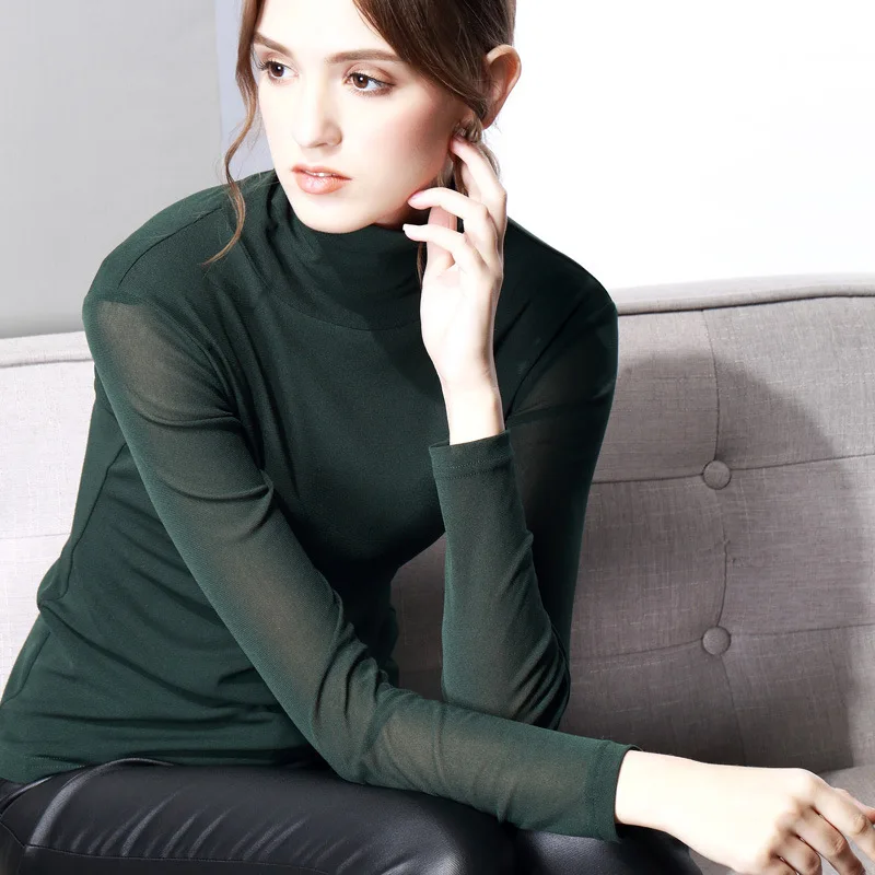 Футболка для женщин водолазка прозрачный с длинным рукавом нейлон slim fit сетчатый