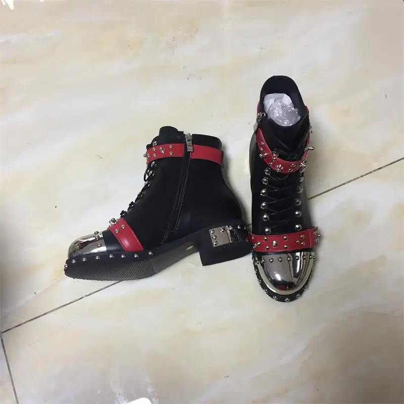 Stylesowner/ботинки из натуральной кожи в стиле панк; женская обувь с заклепками и пряжкой на ремешке; ботильоны на квадратном каблуке с металлическим круглым носком; ботинки в байкерском стиле; 43