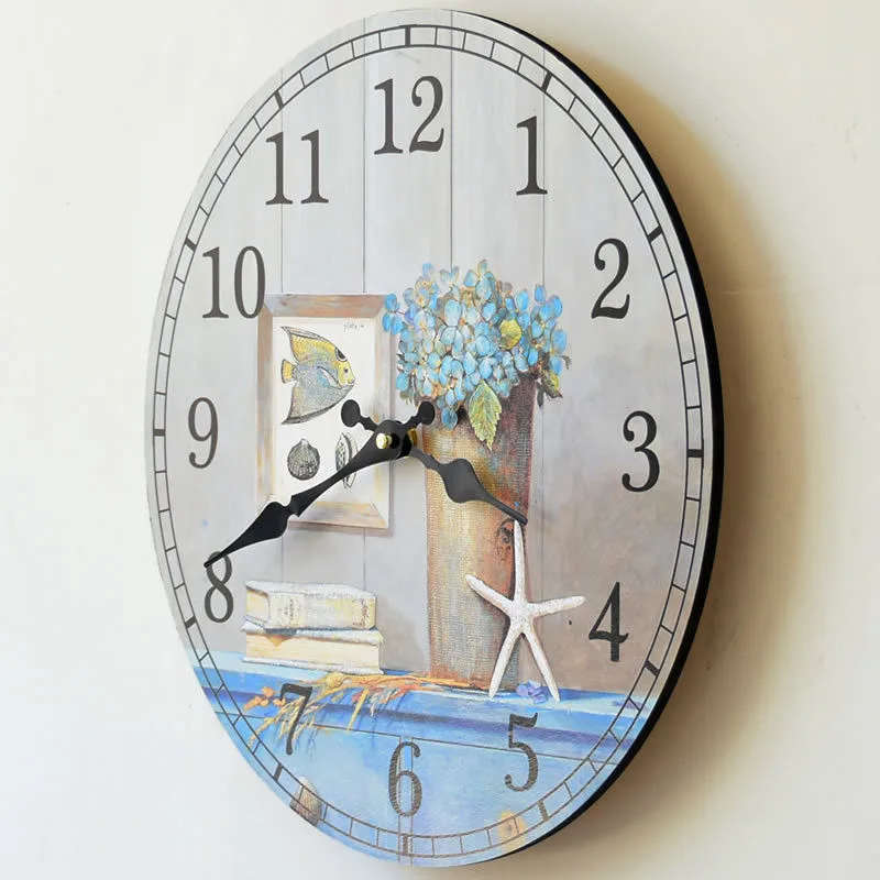Home Study decoration wall clock mute wood Blue life Silent fish Pictures Styles Round Craft electronic digital | Дом и сад
