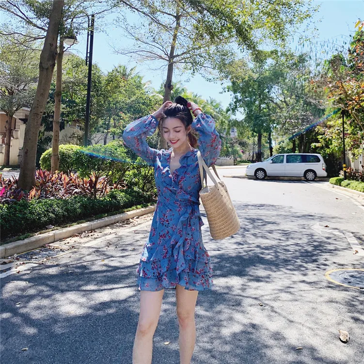 

2019 Summer Women Mini Chiffon Dress Printed Irregular Pleated Slim Prairie Chic Sweet Girl Dresses Cool Vacation Beach Vestido