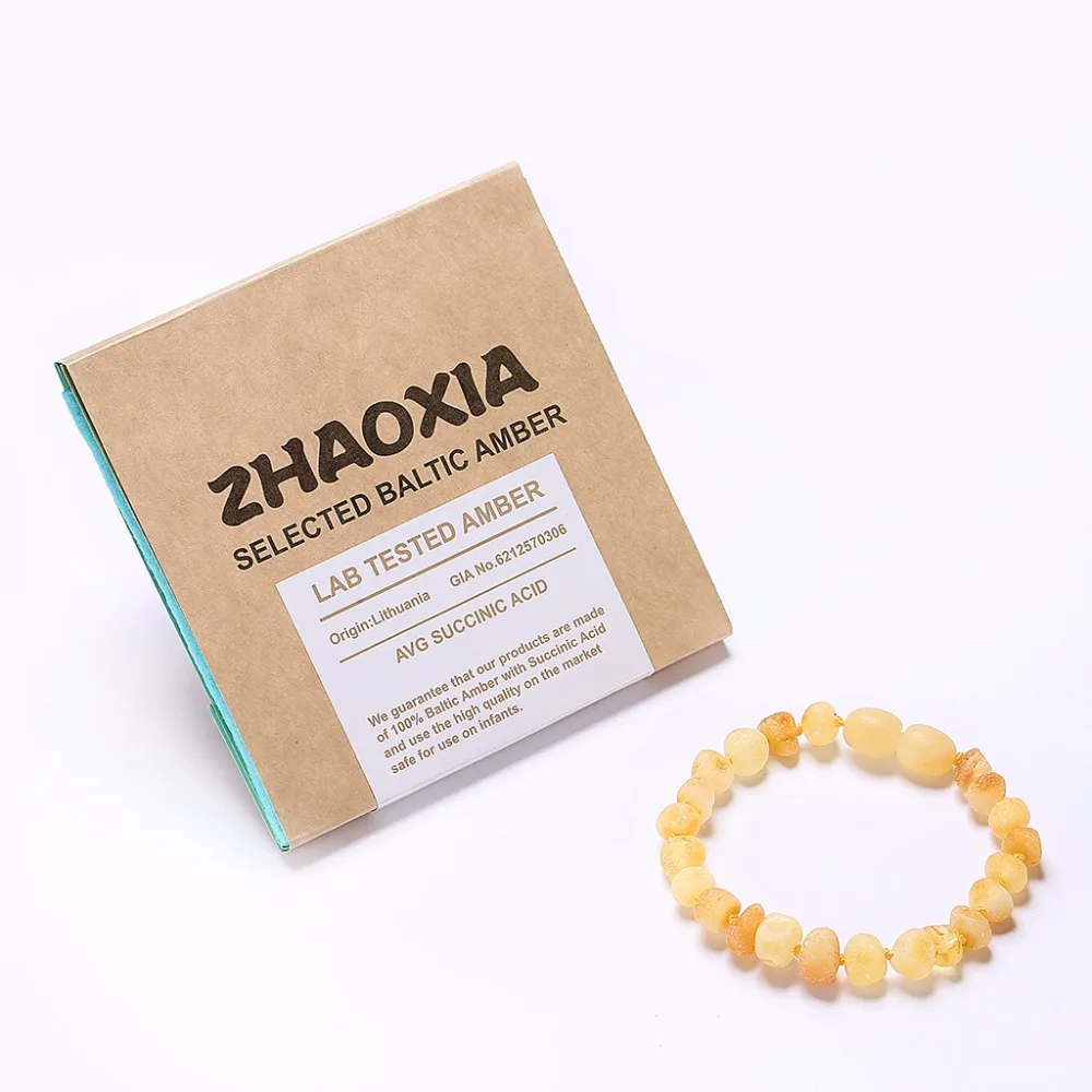 

Baltic Amber Teething Bracelet for Baby(Butterscotch Raw - Unpolished) - Handmade in Lithuania - Lab-Tested Authentic - 2 Sizes