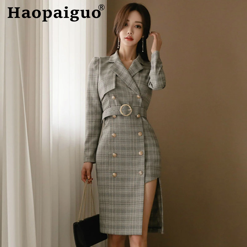 Notched Double Button Casual Dress Women Long Sleeve Asymmetrical Elegant Print Plaid Corset Bodycon Bandage Dresses | Женская одежда