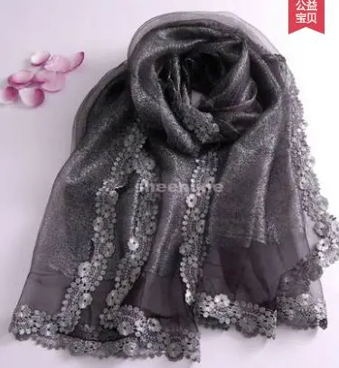 A10 silver black 22 цвета высокого качества, блестящие двухслойный шелк органза длинный шарф осень зима теплая обертка этнические пашмины с кружевной окантовкой - Цвет: A10 silver black