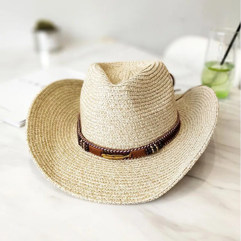 

Ymsaid Fashion Summer New Style Cowboy Straw Hat Women Men Summer Outdoor Travel Beach Hats Unisex Solid Western Sunshade Cap
