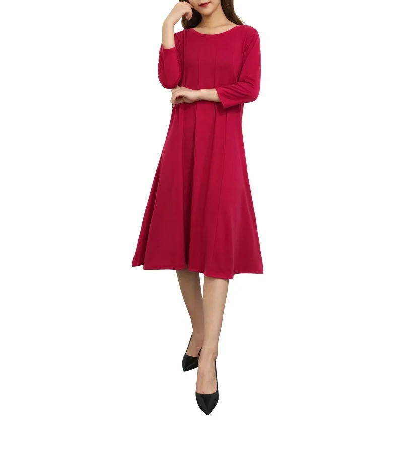 

Early Summer Solid Bodycon Dresses Women Elegant Round Neck Three Quarter Length Sleeve Casual Shift Pleated Dress