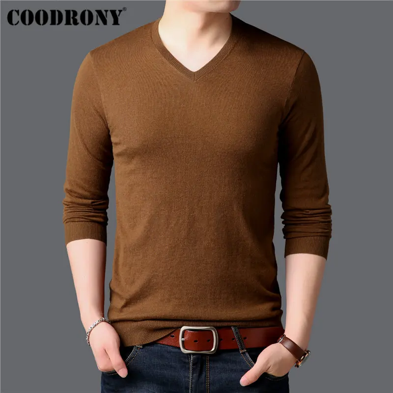 Caramel COODRONY Для мужчин s кашемировые свитера хлопковый свитер Для мужчин Однотонная одежда трикотаж тянуть Homme классический Повседневное v-образным вырезом шерстяной пуловер для мужчин 91009 - Цвет: Caramel