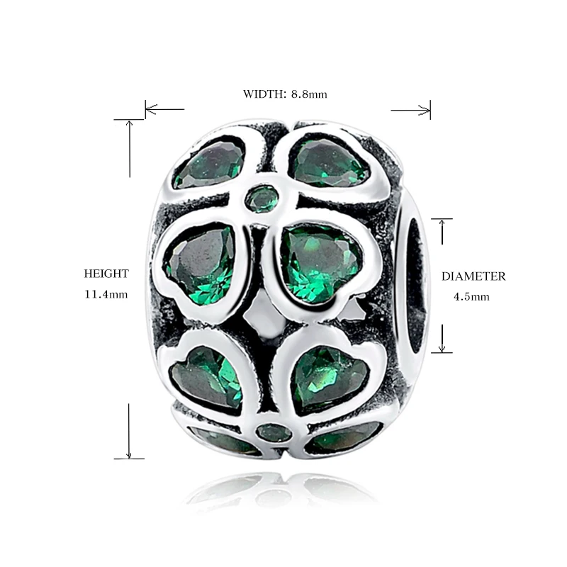925 Sterling Silver Green Heart CZ Four Leaf lover Lucky charm Beads Fit Authentic DIY charms original Antique Jewelry Gifts