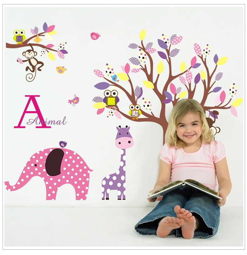 

Monkey Animal owl elephant Lion zoo big tree PVC removable wall stickers kids room home decoration wall stickers JM7293AB