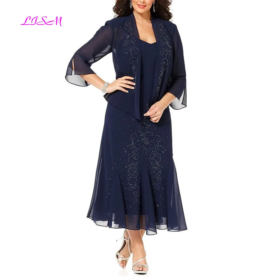 Plus Size Beaded Mother of the Bride Dress with Jacket Chiffon Dinner Dresses for Women Long Mother Dresses for Wedding - Цвет: Photo color