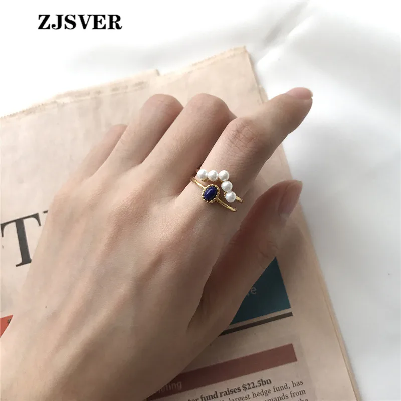 ZJSVER Korean Jewelry 925 Sterling Silver Rings Golden Retro Double Layer Pearl Crystal Women Ring Attend Banquet Or Party | Украшения и