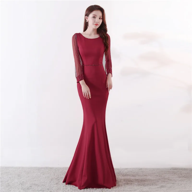 Элегантный знаменитости вечерние Русалка Тонкий платье Vestidos цвет красного вина Длинные рукава горный хрусталь цепи рыбий хвост длинные вечерние платье - Цвет: Wine
