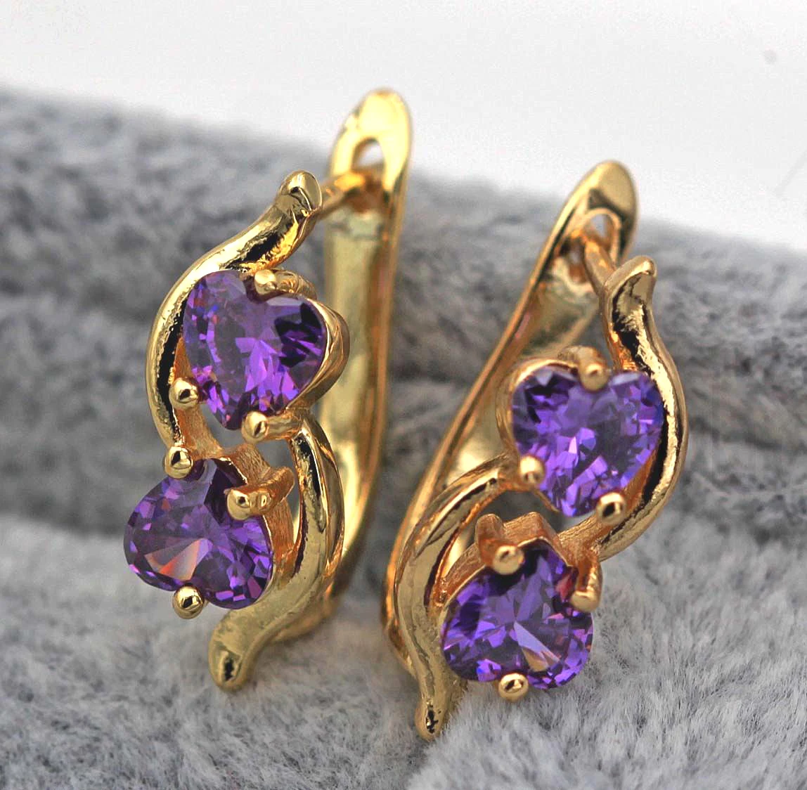 Милые серьги кольца для женщин с золотым наполнением фиолетового сердца