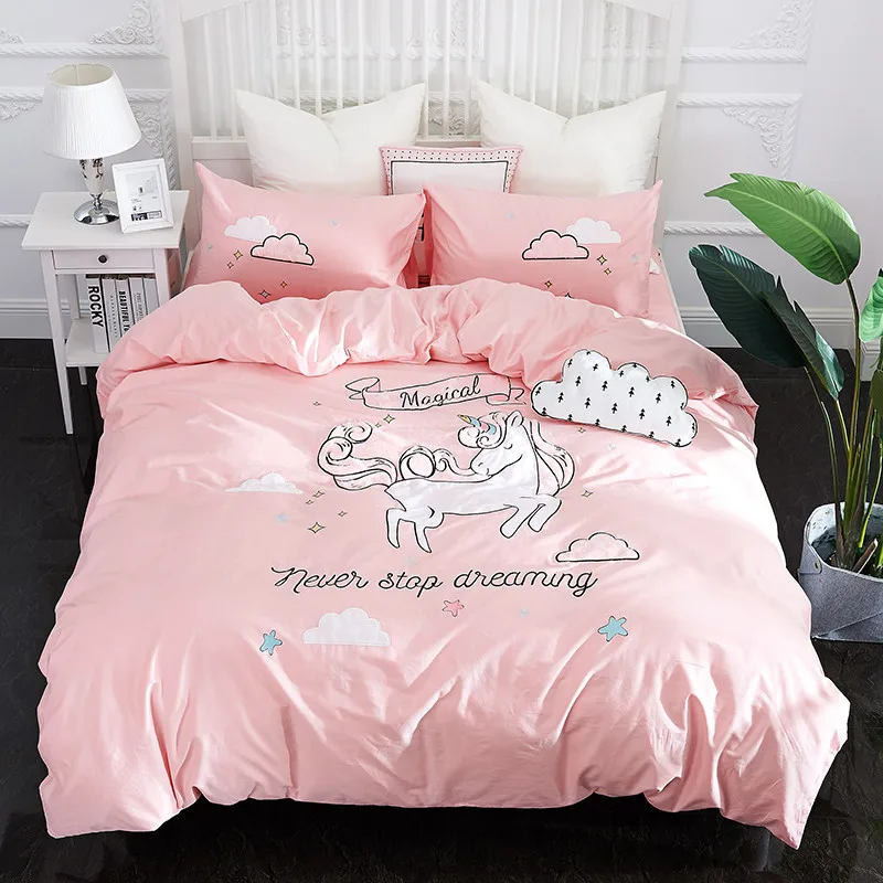 

3/4Pcs 100% Cotton Cute Cartoon dream Unicorn Bedding Set Embroidery Duvet cover set Bed Sheet Pillowcase Twin Queen King size