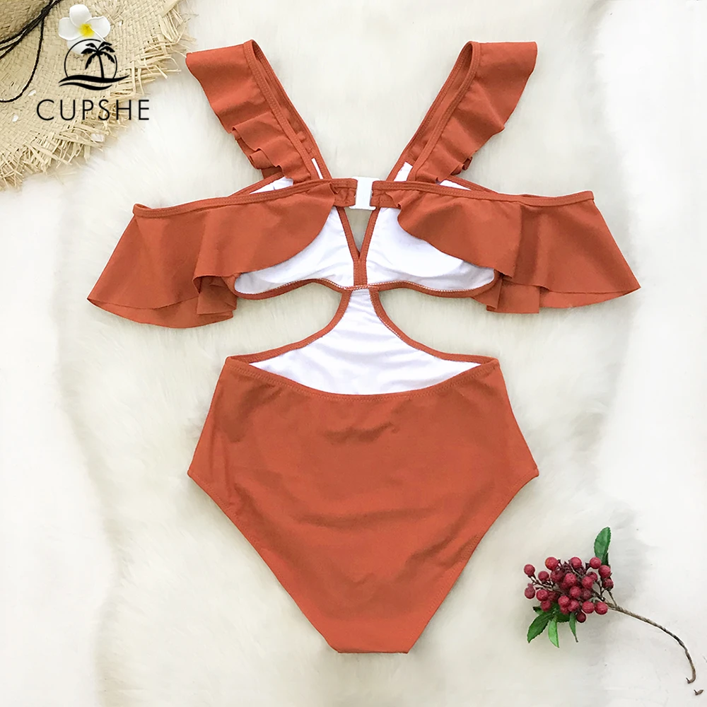 CUPSHE оранжевый с оборками открытыми плечами Цельный купальник женский