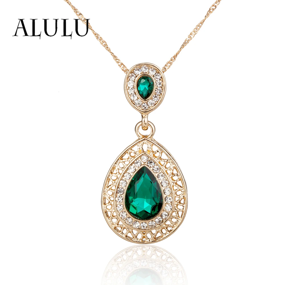 ALULU Fashion Green Crystal Women Pendant Necklace Rhinestone Jewelry For Plated Gold Necklaces &amp Pendants Female | Украшения и