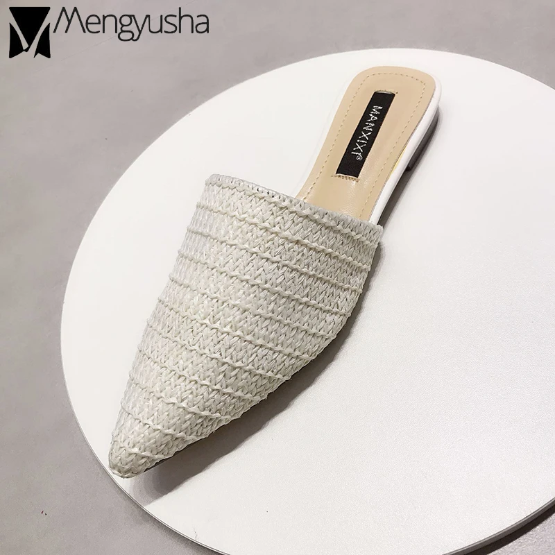 Летние женские шлепанцы с плетением корейские Мокасины острым носком на плоской