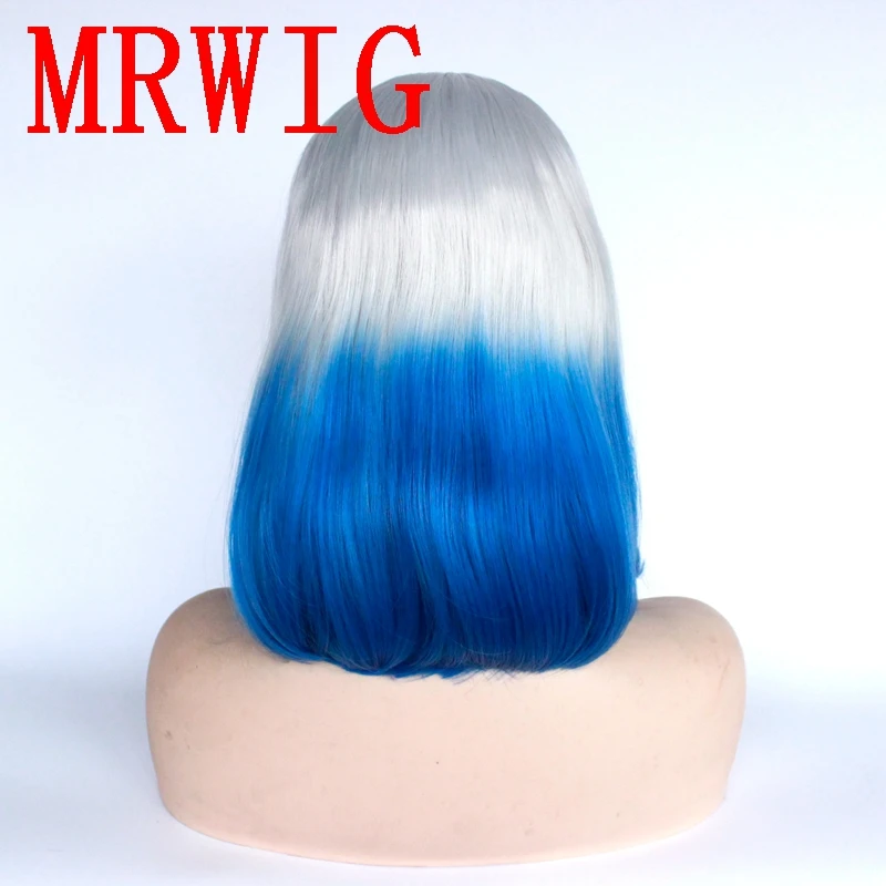 MRWIG Серебряный серый Омбре синий 12 дюймов короткий боб прямой синтетический бесклеевой передний парик кружева средняя часть для женщин