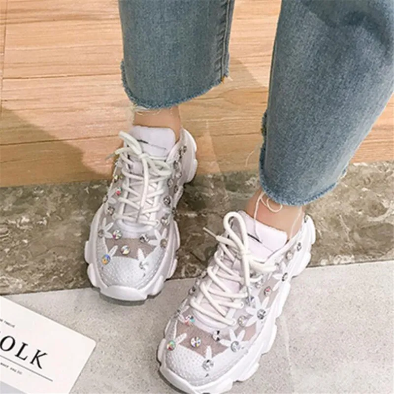 Женские кроссовки на платформе белые дышащие шнуровке удобная повседневная