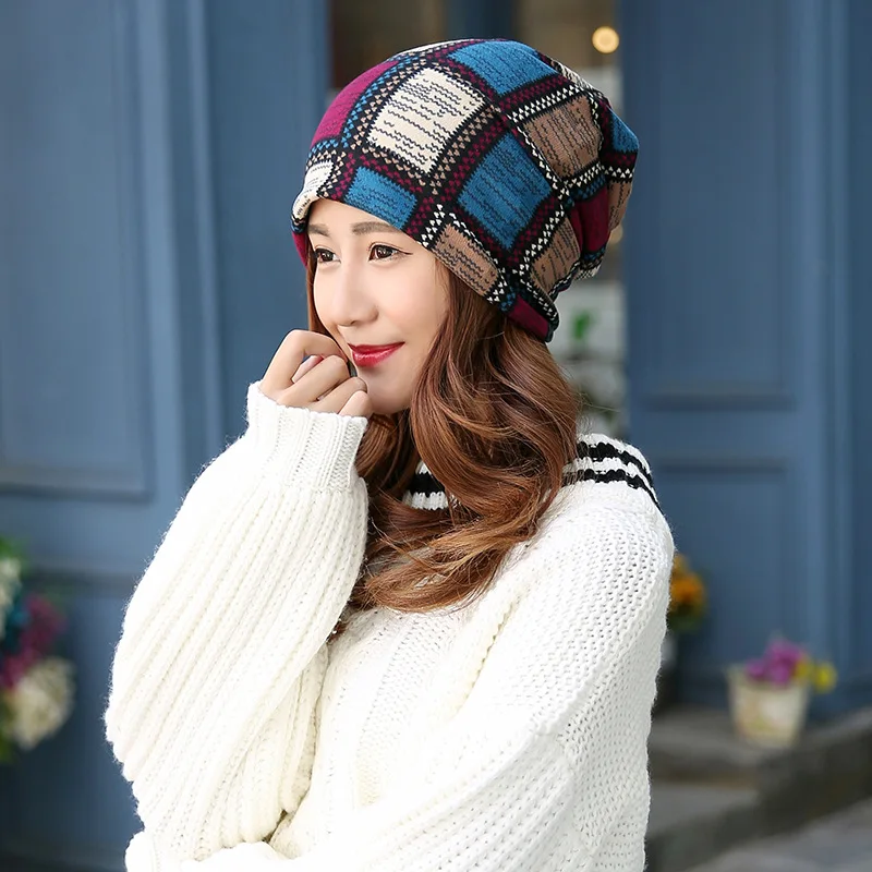 

Korean women 's winter plaid hat lady head cap Skullies & Beanies