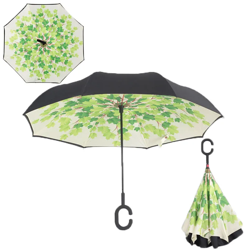 Green Shade Складной обратный зонтик, двойной слой, перевернутый, ветрозащитный, дождевик, автомобильный Зонтик для женщин, C образной ручкой, длинная ручка, дождевик - Цвет: Green Shade