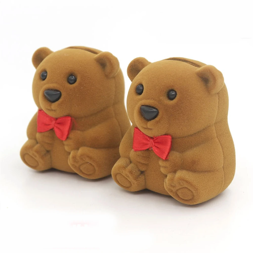 Бархатная шкатулка коричневого цвета с милым медведем для колец сережек