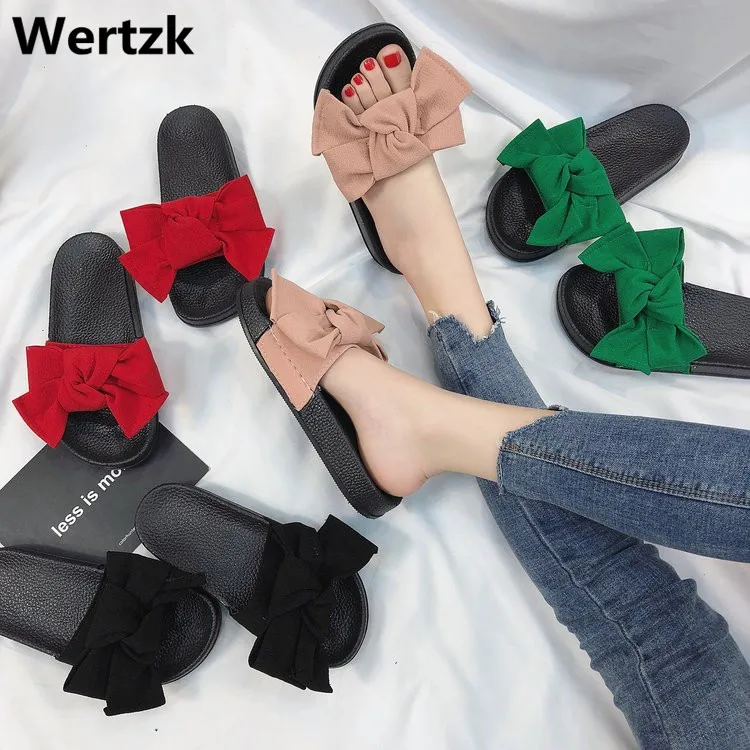 Женские шлепанцы с бантиком Wertzk пляжные для улицы летняя обувь E377 2019|Тапочки| |