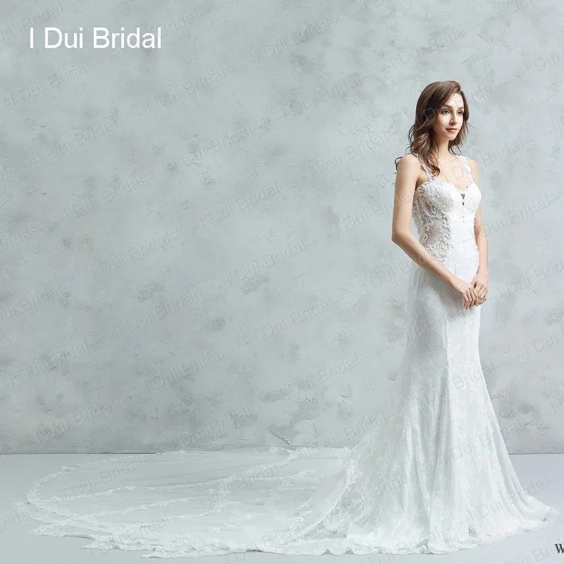 Sheer Back Sheath Wedding Dresses Unique Lace Luxury Long Train Sexy Bridal Gown