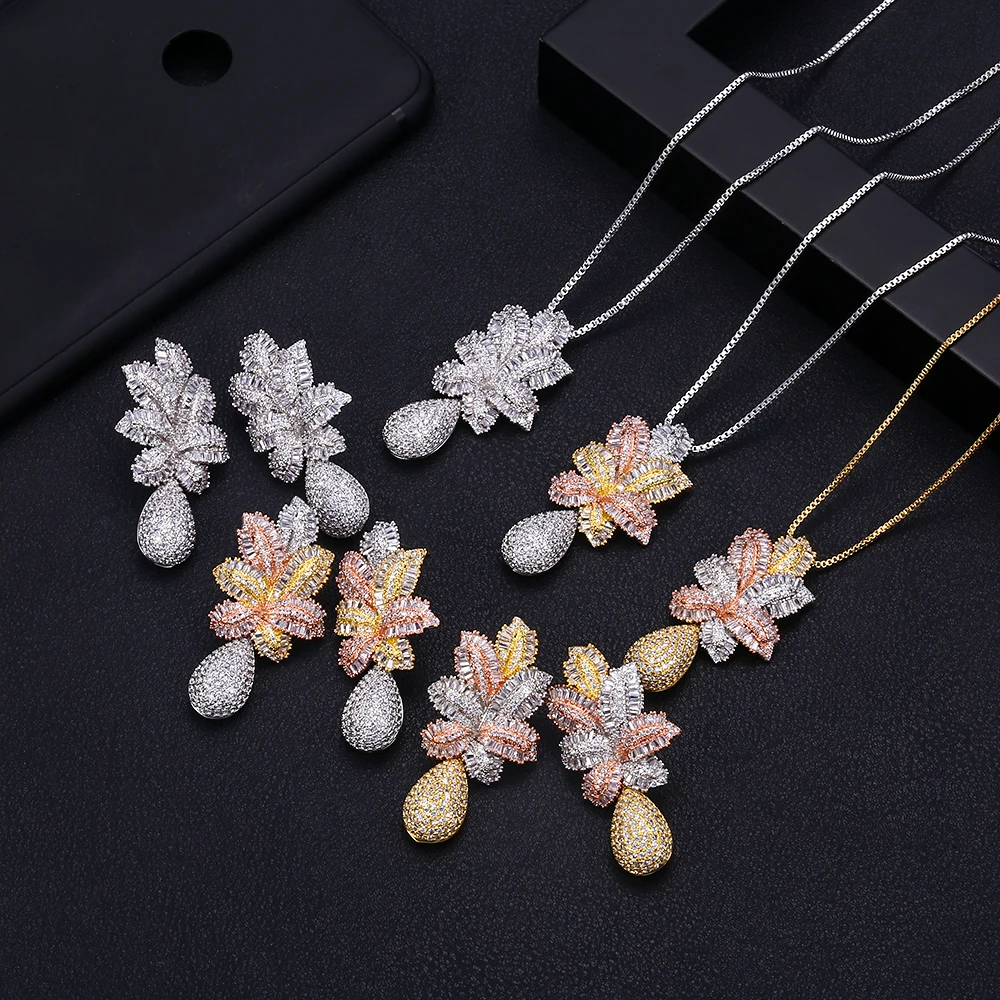JANEKELLY Luxury Pineapple Water Drop Women Wedding Cubic Zirconia Choker Necklace Earring Dubai Jewelry Set Jewellery Addict P | Украшения