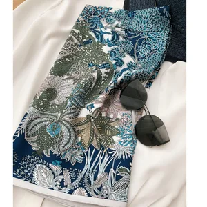 Потрясающий синий шарф из 100% шелка с принтом, хиджаб, головные шарфы для женщин, модные шарфы, шаль, платок 35 дюймов