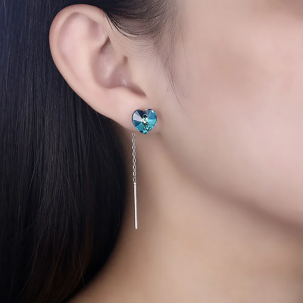 LEKANI кристаллами от Swarovski 925 серебро синий кристалл сердце длинные серьги мотаться