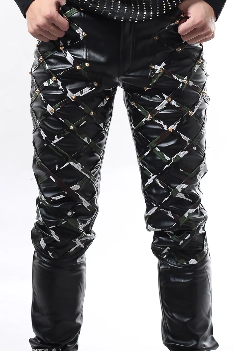 

27-44 !!! 2018, Clothes ds punk slim trousers dj costume male novelty Camouflage rivets leather pants The singer's clothing