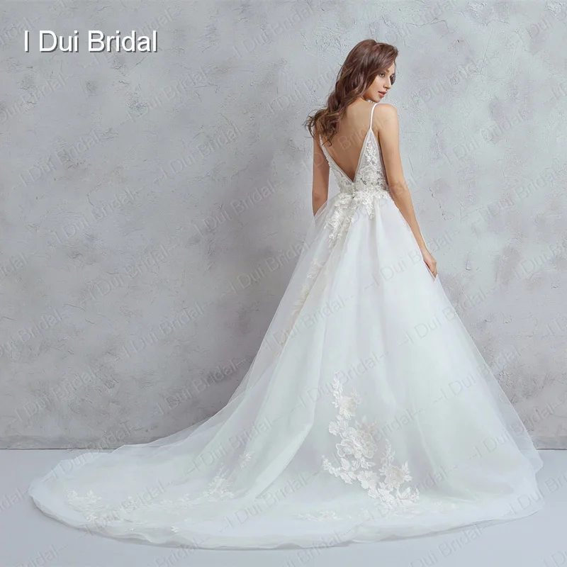 Spaghetti Strap Wedding Dress Sexy A line Lace Appliqued Bridal Gown