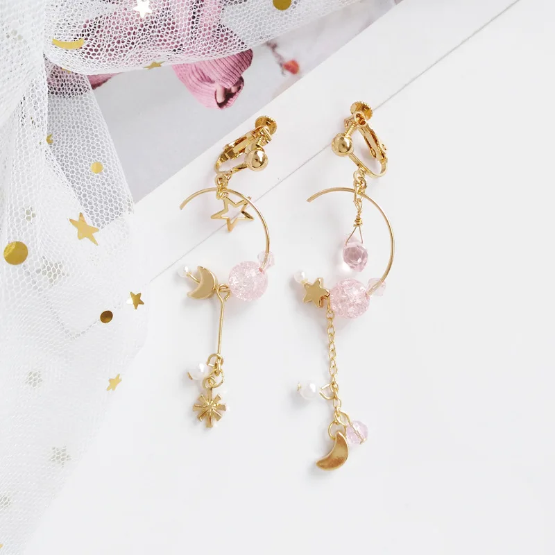 pink Clip Earring Простые серьги-клипсы в виде земной Вселенной, Луны, звезды, без прокалывания, кавайные геометрические, в виде полукруга, полукруглые женские серьги-клипсы - Окраска металла: pink Clip Earring
